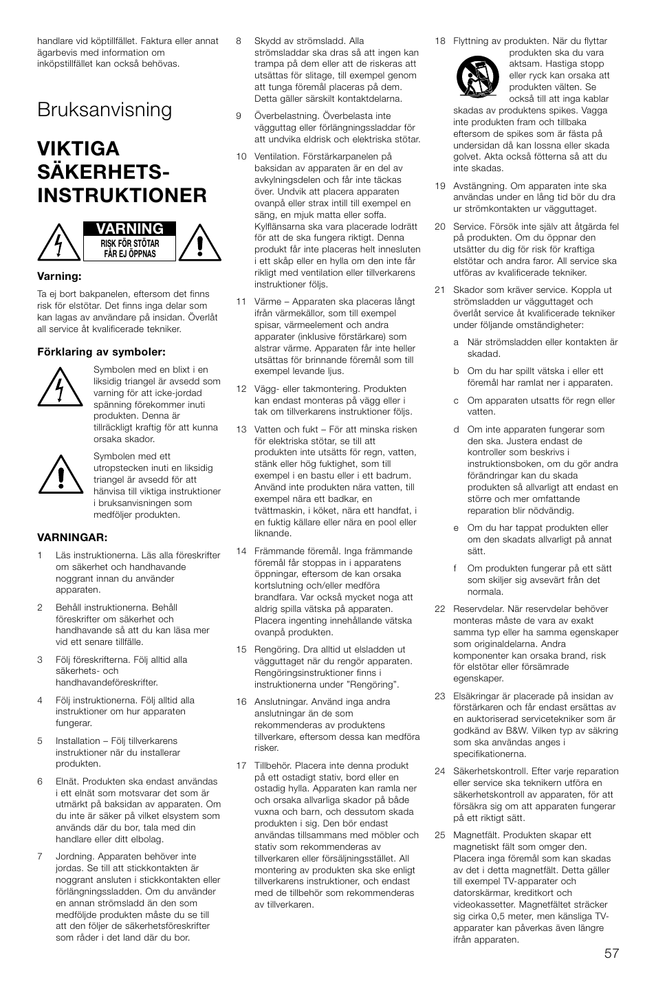 Bruksanvisning viktiga säkerhets- instruktioner, Varning | Bowers & Wilkins AS2 User Manual | Page 60 / 73