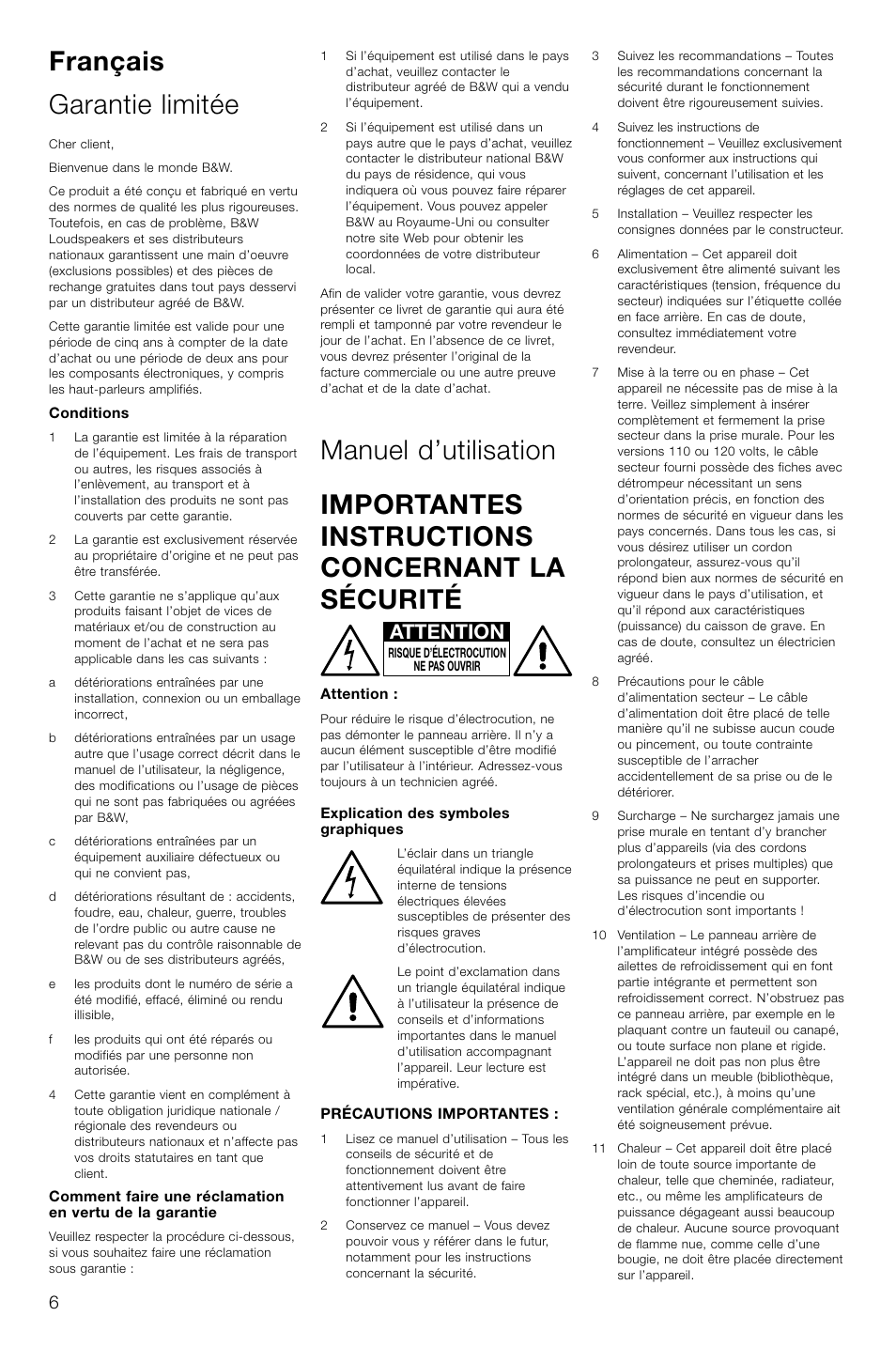 Français garantie limitée, Attention | Bowers & Wilkins AS2 User Manual | Page 9 / 73