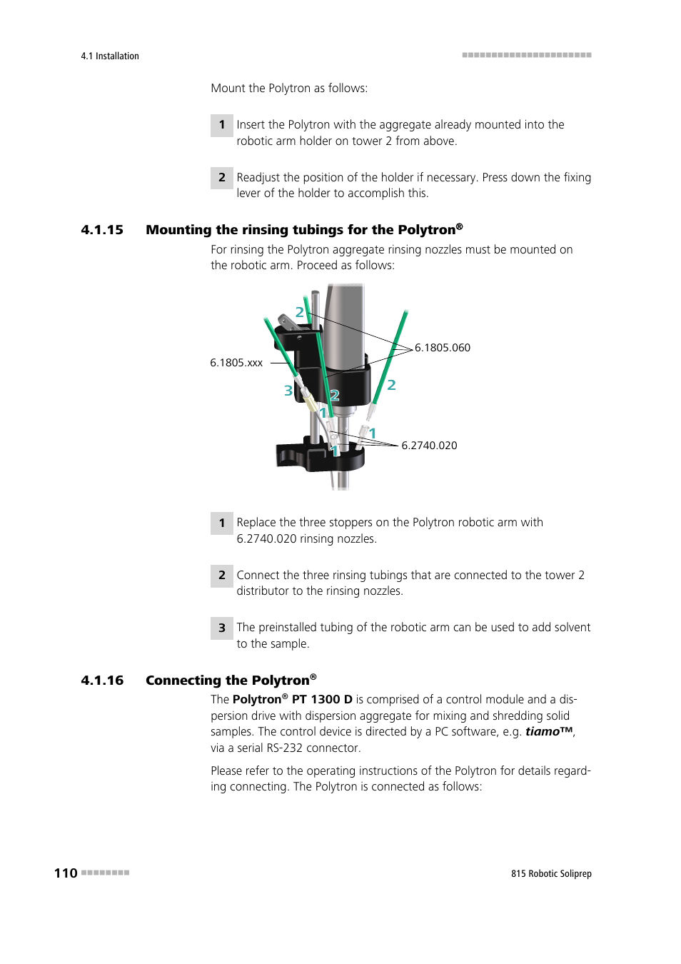 15 mounting the rinsing tubings for the polytron, 16 connecting the polytron, Mounting the rinsing tubings for the polytron | Connecting the polytron | Metrohm 815 Robotic Soliprep User Manual | Page 118 / 180