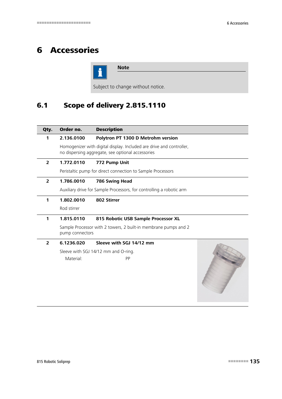 6 accessories, 1 scope of delivery 2.815.1110, Scope of delivery 2.815.1110 | Metrohm 815 Robotic Soliprep User Manual | Page 143 / 180