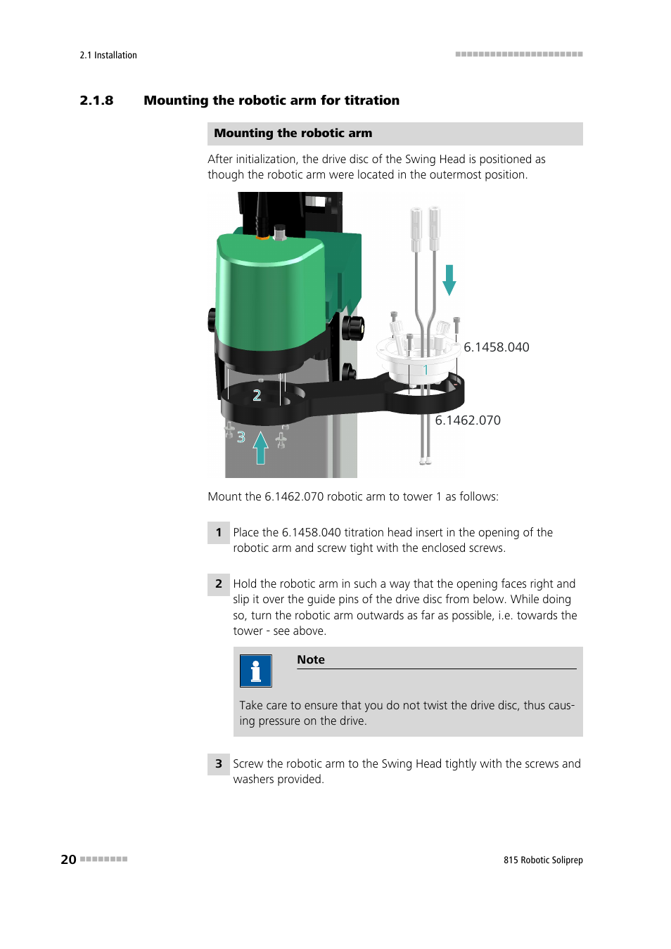 8 mounting the robotic arm for titration, Mounting the robotic arm for titration | Metrohm 815 Robotic Soliprep User Manual | Page 28 / 180
