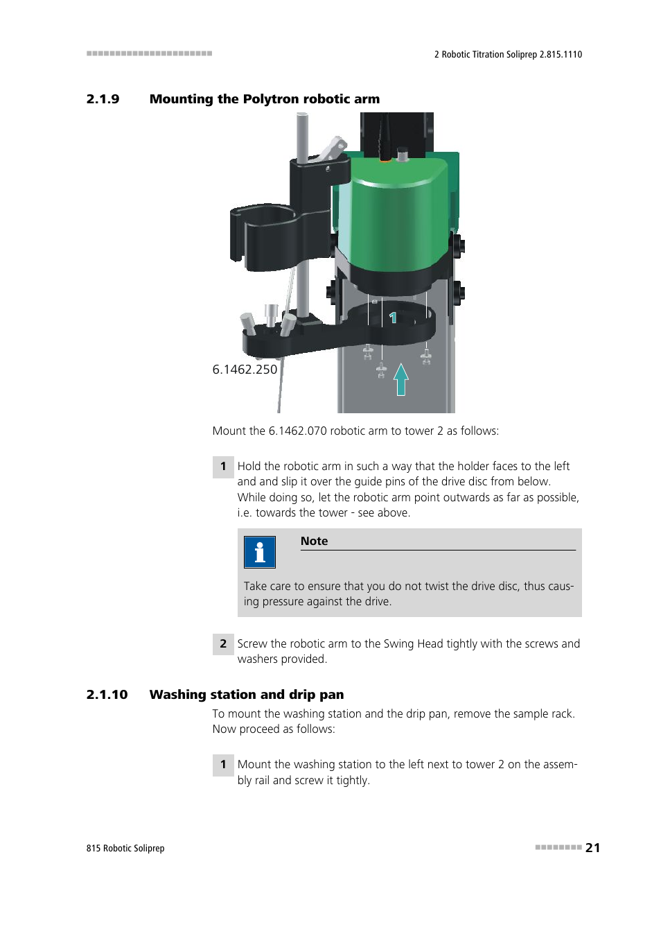 9 mounting the polytron robotic arm, 10 washing station and drip pan, Mounting the polytron robotic arm | Washing station and drip pan | Metrohm 815 Robotic Soliprep User Manual | Page 29 / 180