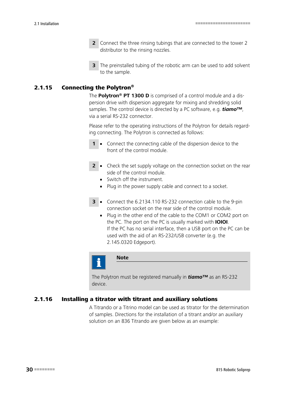 15 connecting the polytron, Connecting the polytron | Metrohm 815 Robotic Soliprep User Manual | Page 38 / 180