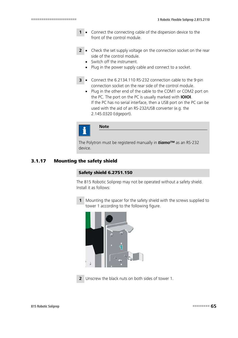 17 mounting the safety shield, Mounting the safety shield | Metrohm 815 Robotic Soliprep User Manual | Page 73 / 180
