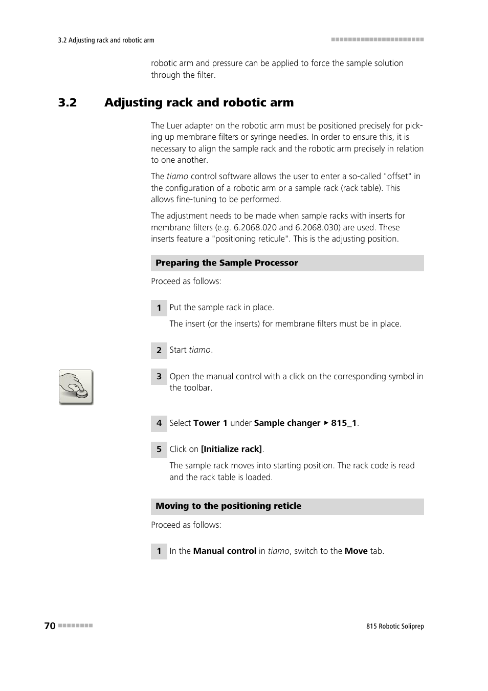 2 adjusting rack and robotic arm, Adjusting rack and robotic arm | Metrohm 815 Robotic Soliprep User Manual | Page 78 / 180