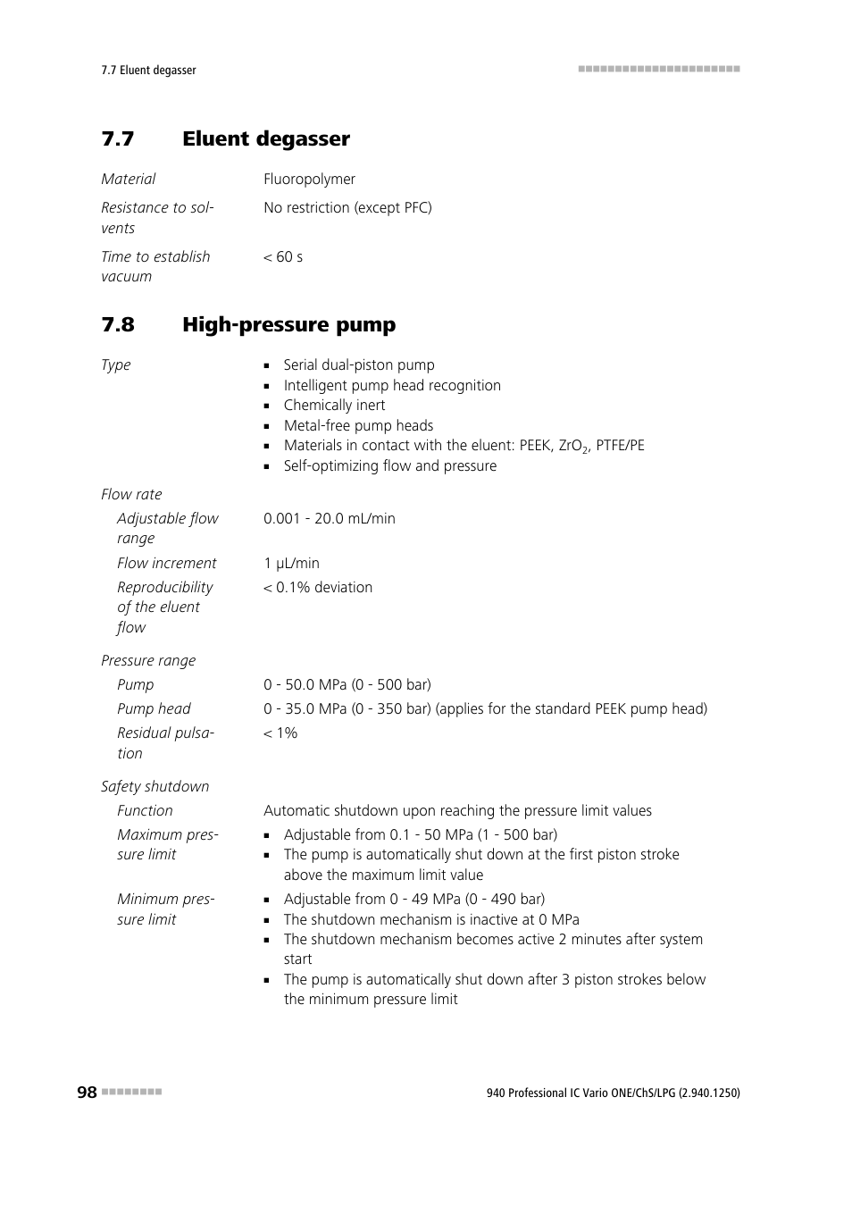 7 eluent degasser, 8 high-pressure pump, Eluent degasser | High-pressure pump | Metrohm 940 Professional IC Vario ONE/ChS/LPG User Manual | Page 106 / 115