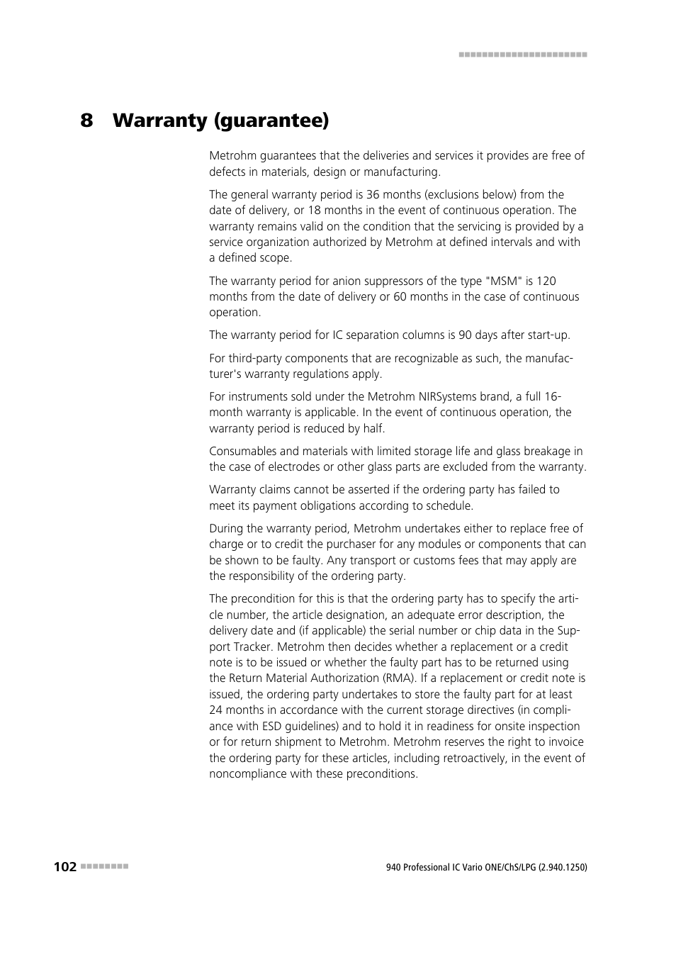 8 warranty (guarantee) | Metrohm 940 Professional IC Vario ONE/ChS/LPG User Manual | Page 110 / 115