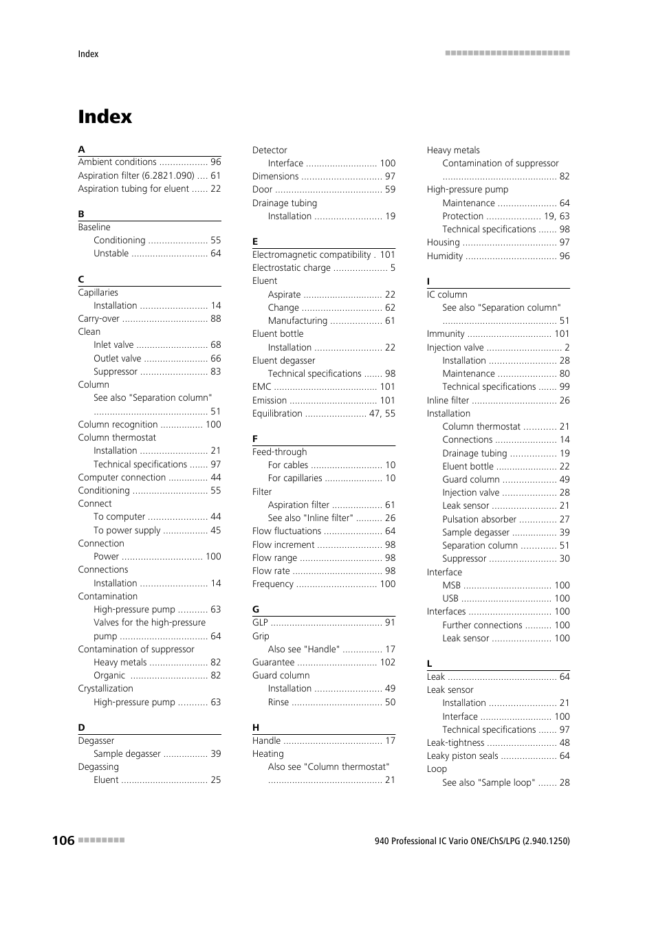 Index | Metrohm 940 Professional IC Vario ONE/ChS/LPG User Manual | Page 114 / 115