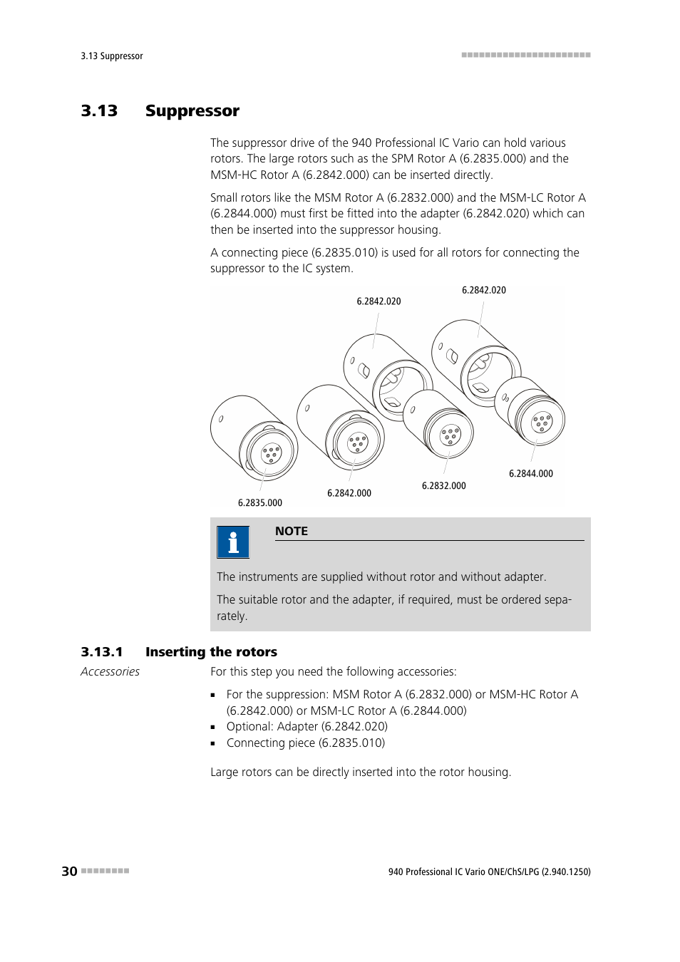 13 suppressor, 1 inserting the rotors, Inserting the rotors | Metrohm 940 Professional IC Vario ONE/ChS/LPG User Manual | Page 38 / 115