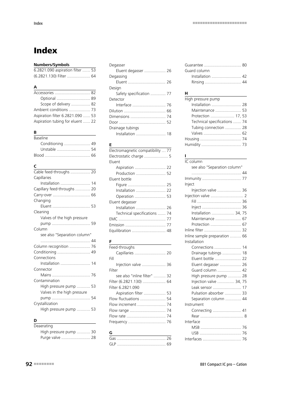 Index | Metrohm 881 Compact IC pro – Cation User Manual | Page 100 / 101