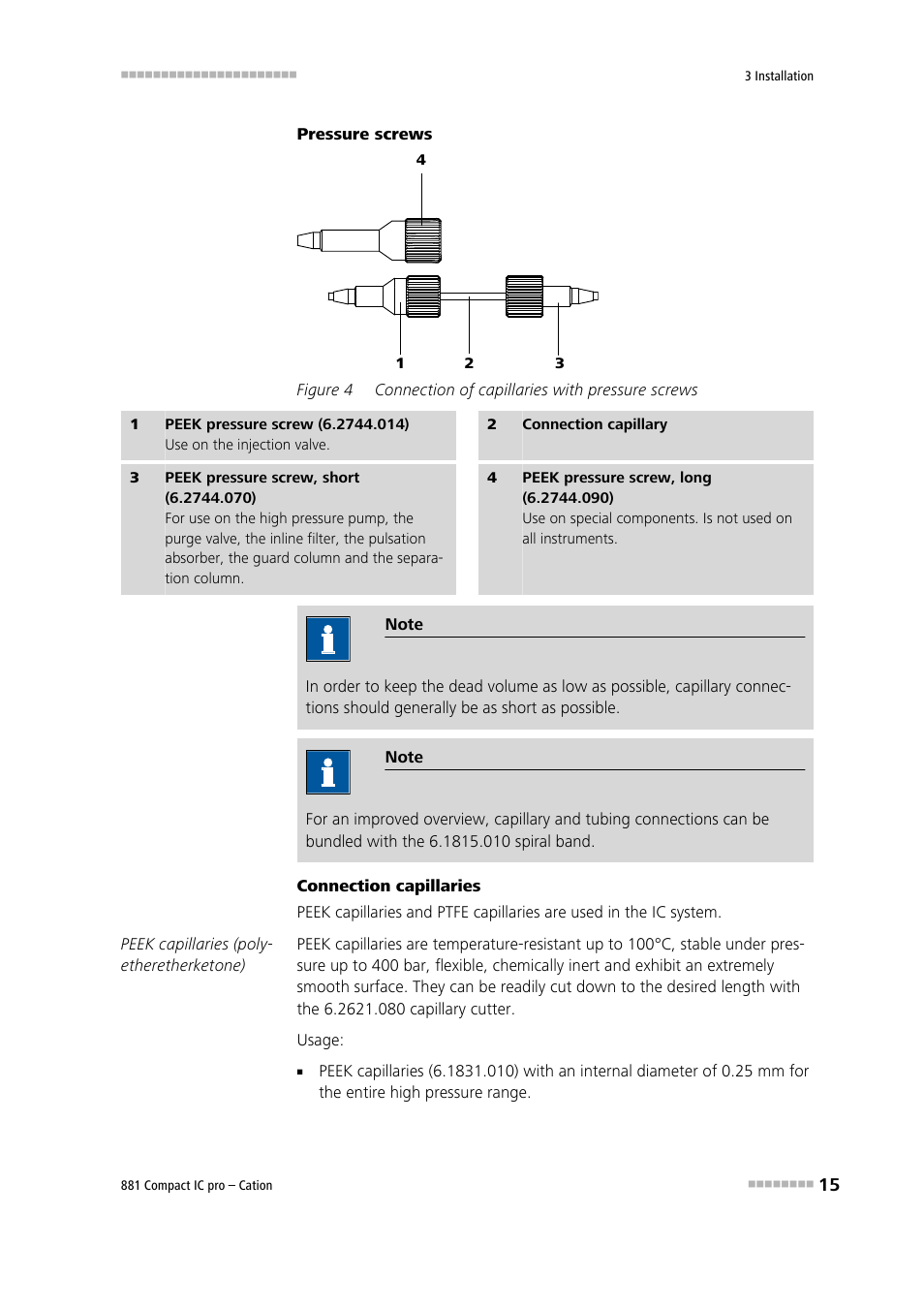 Figure 4, Connection of capillaries with pressure screws | Metrohm 881 Compact IC pro – Cation User Manual | Page 23 / 101