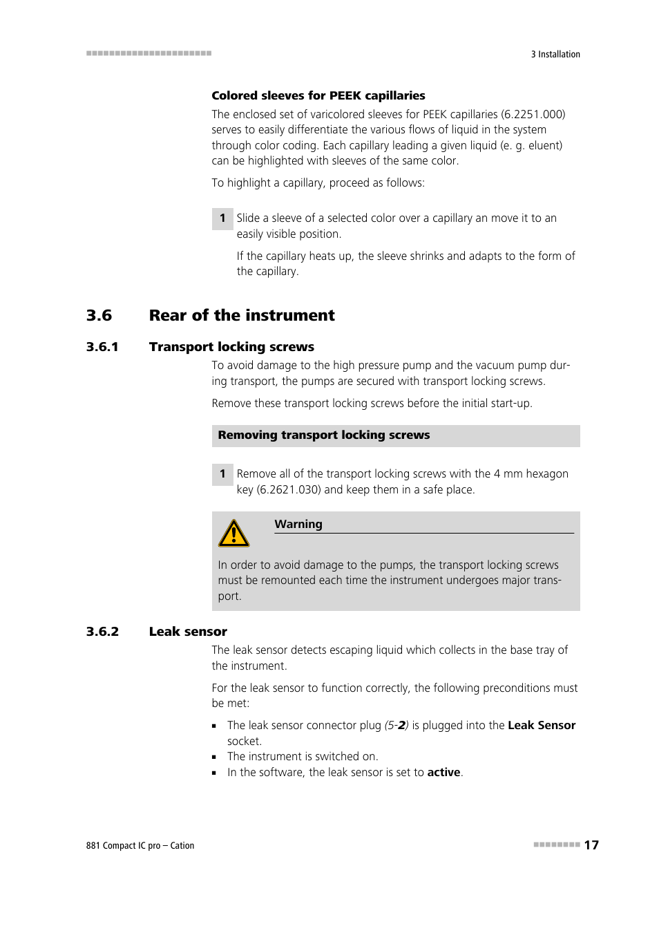 6 rear of the instrument, 1 transport locking screws, 2 leak sensor | Rear of the instrument, Transport locking screws, Leak sensor | Metrohm 881 Compact IC pro – Cation User Manual | Page 25 / 101