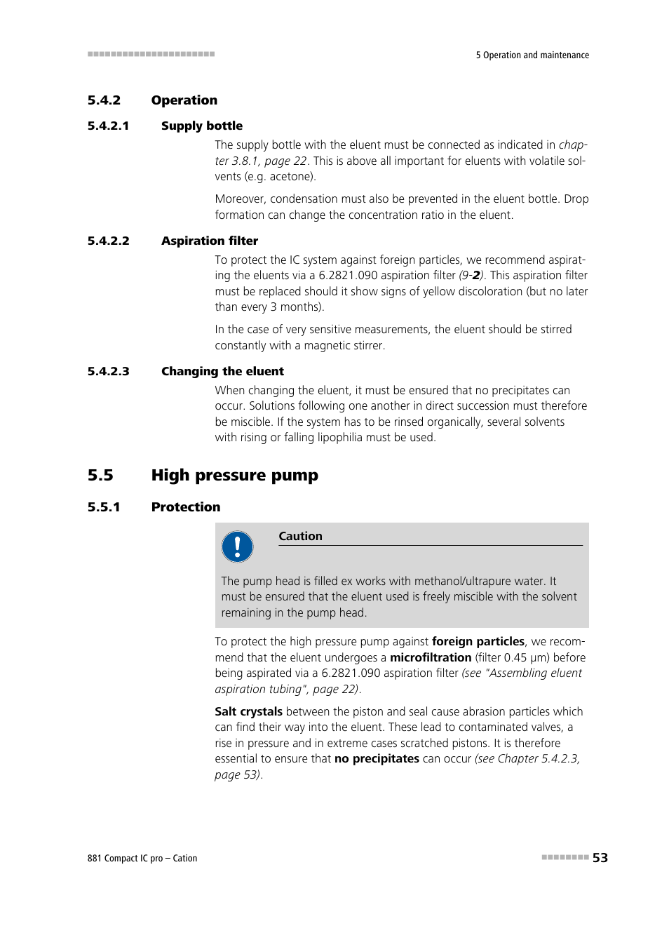 2 operation, 1 supply bottle, 2 aspiration filter | 3 changing the eluent, 5 high pressure pump, 1 protection, Operation, High pressure pump, Protection | Metrohm 881 Compact IC pro – Cation User Manual | Page 61 / 101