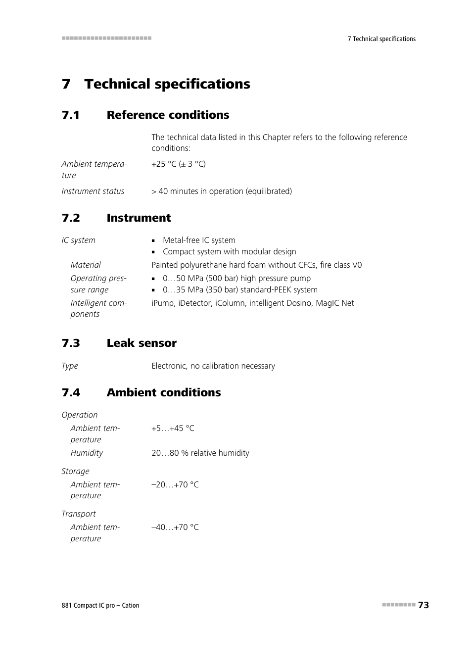 7 technical specifications, 1 reference conditions, 2 instrument | 3 leak sensor, 4 ambient conditions, Reference conditions, Instrument, Leak sensor, Ambient conditions | Metrohm 881 Compact IC pro – Cation User Manual | Page 81 / 101