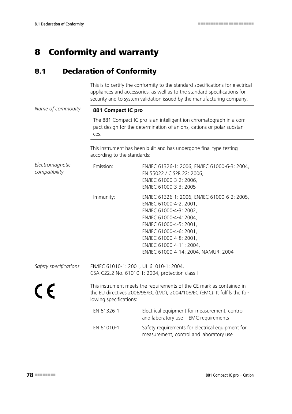 8 conformity and warranty, 1 declaration of conformity, Declaration of conformity | Metrohm 881 Compact IC pro – Cation User Manual | Page 86 / 101