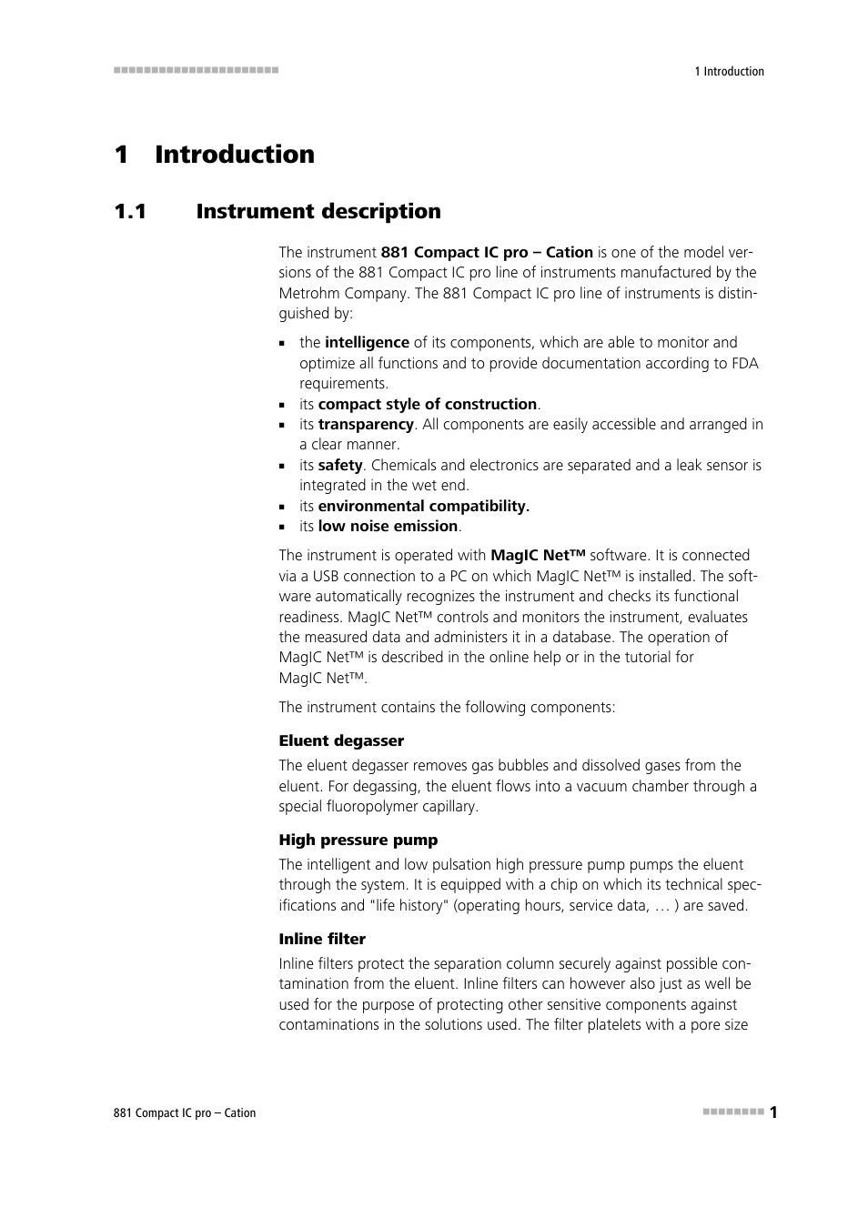 1 introduction, 1 instrument description, Instrument description | Metrohm 881 Compact IC pro – Cation User Manual | Page 9 / 101