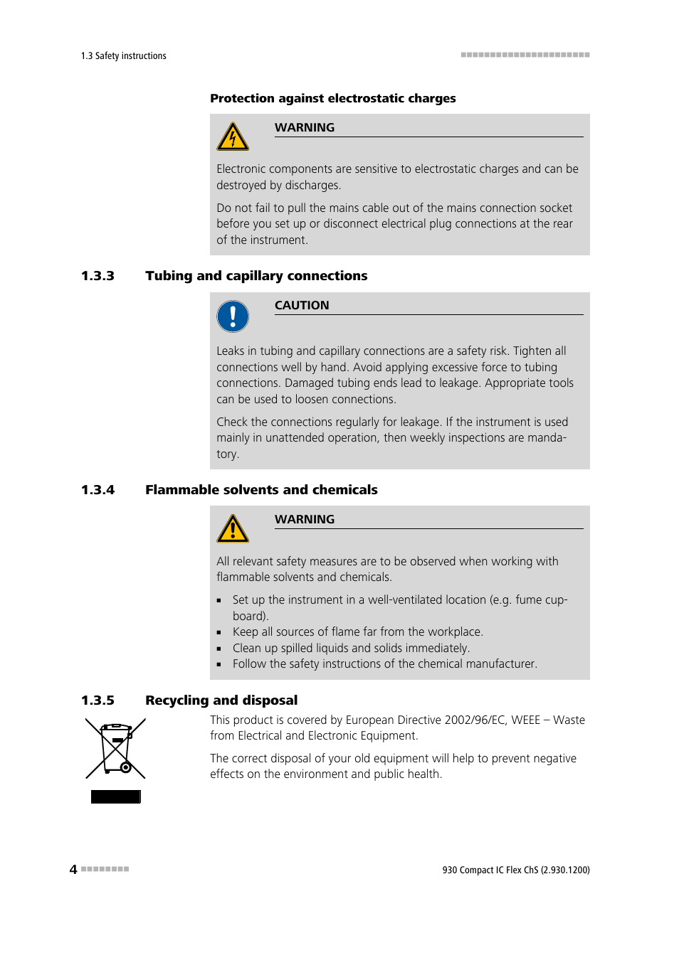 3 tubing and capillary connections, 4 flammable solvents and chemicals, 5 recycling and disposal | Tubing and capillary connections, Flammable solvents and chemicals, Recycling and disposal | Metrohm 930 Compact IC Flex ChS User Manual | Page 12 / 103