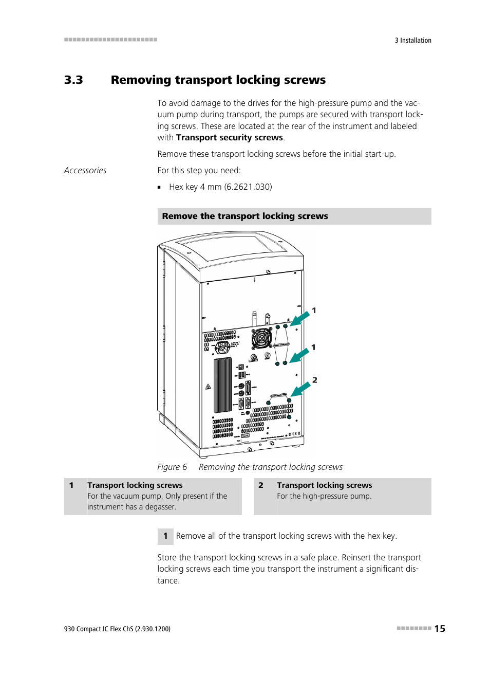 3 removing transport locking screws, Removing transport locking screws, Figure 6 | Removing the transport locking screws | Metrohm 930 Compact IC Flex ChS User Manual | Page 23 / 103