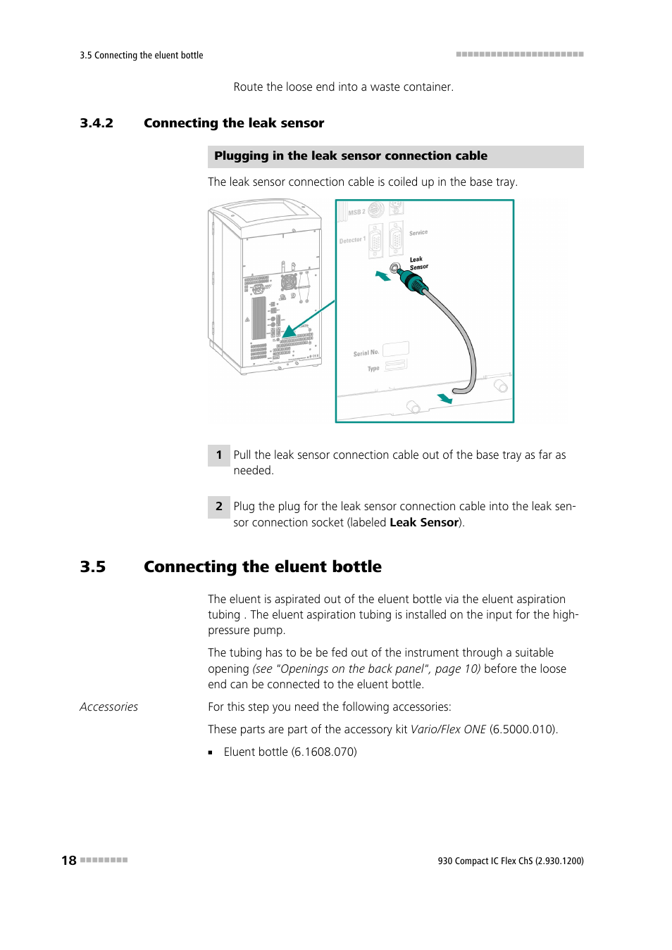 2 connecting the leak sensor, 5 connecting the eluent bottle, Connecting the leak sensor | Connecting the eluent bottle | Metrohm 930 Compact IC Flex ChS User Manual | Page 26 / 103