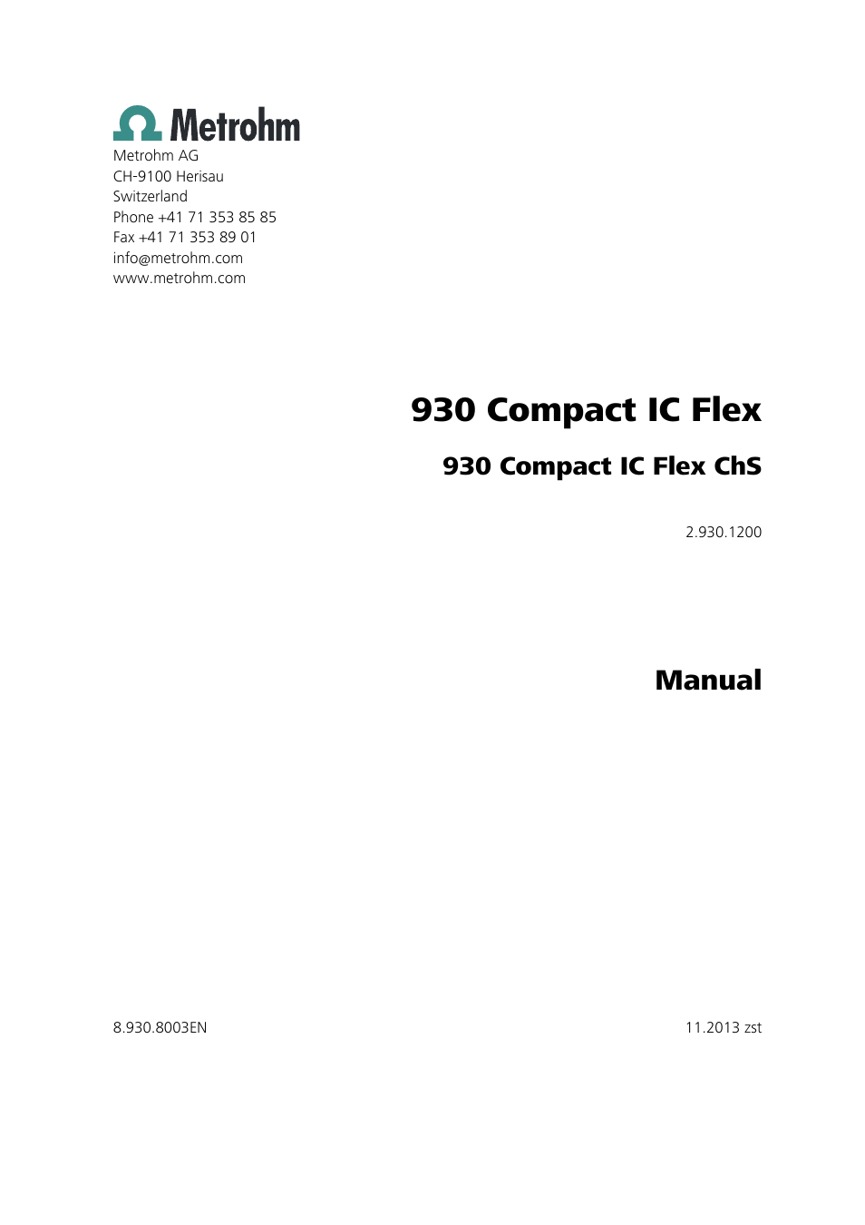 930 compact ic flex, Manual, 930 compact ic flex chs | Metrohm 930 Compact IC Flex ChS User Manual | Page 3 / 103