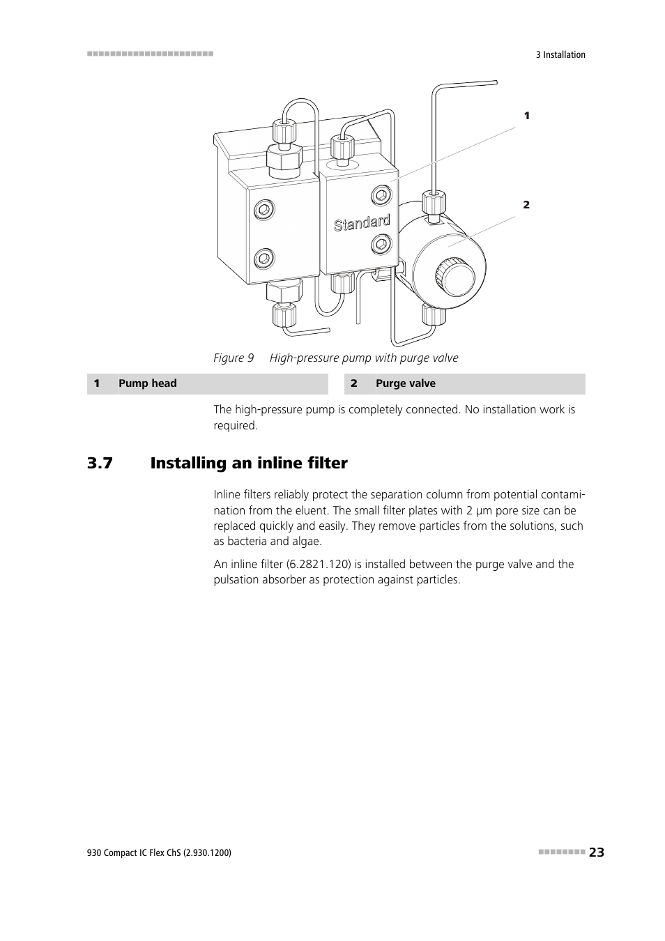 7 installing an inline filter, Installing an inline filter, Figure 9 | High-pressure pump with purge valve | Metrohm 930 Compact IC Flex ChS User Manual | Page 31 / 103