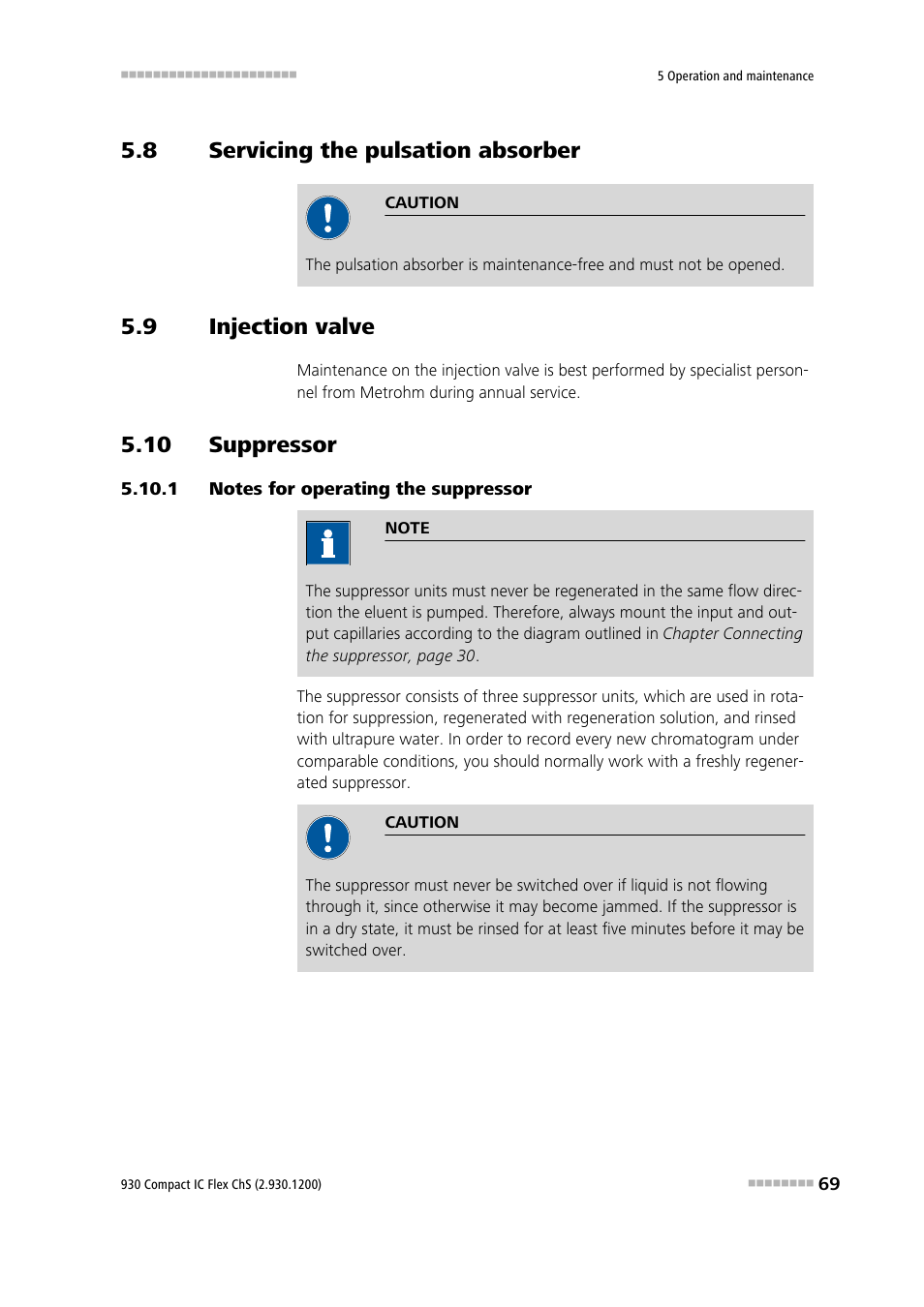 8 servicing the pulsation absorber, 9 injection valve, 10 suppressor | 1 notes for operating the suppressor, Servicing the pulsation absorber, Injection valve, Notes for operating the suppressor | Metrohm 930 Compact IC Flex ChS User Manual | Page 77 / 103