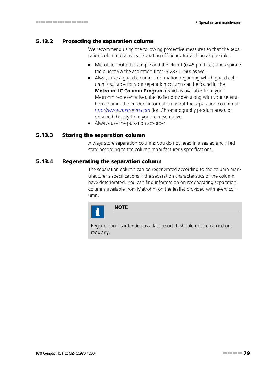 2 protecting the separation column, 3 storing the separation column, 4 regenerating the separation column | Protecting the separation column, Storing the separation column, Regenerating the separation column | Metrohm 930 Compact IC Flex ChS User Manual | Page 87 / 103