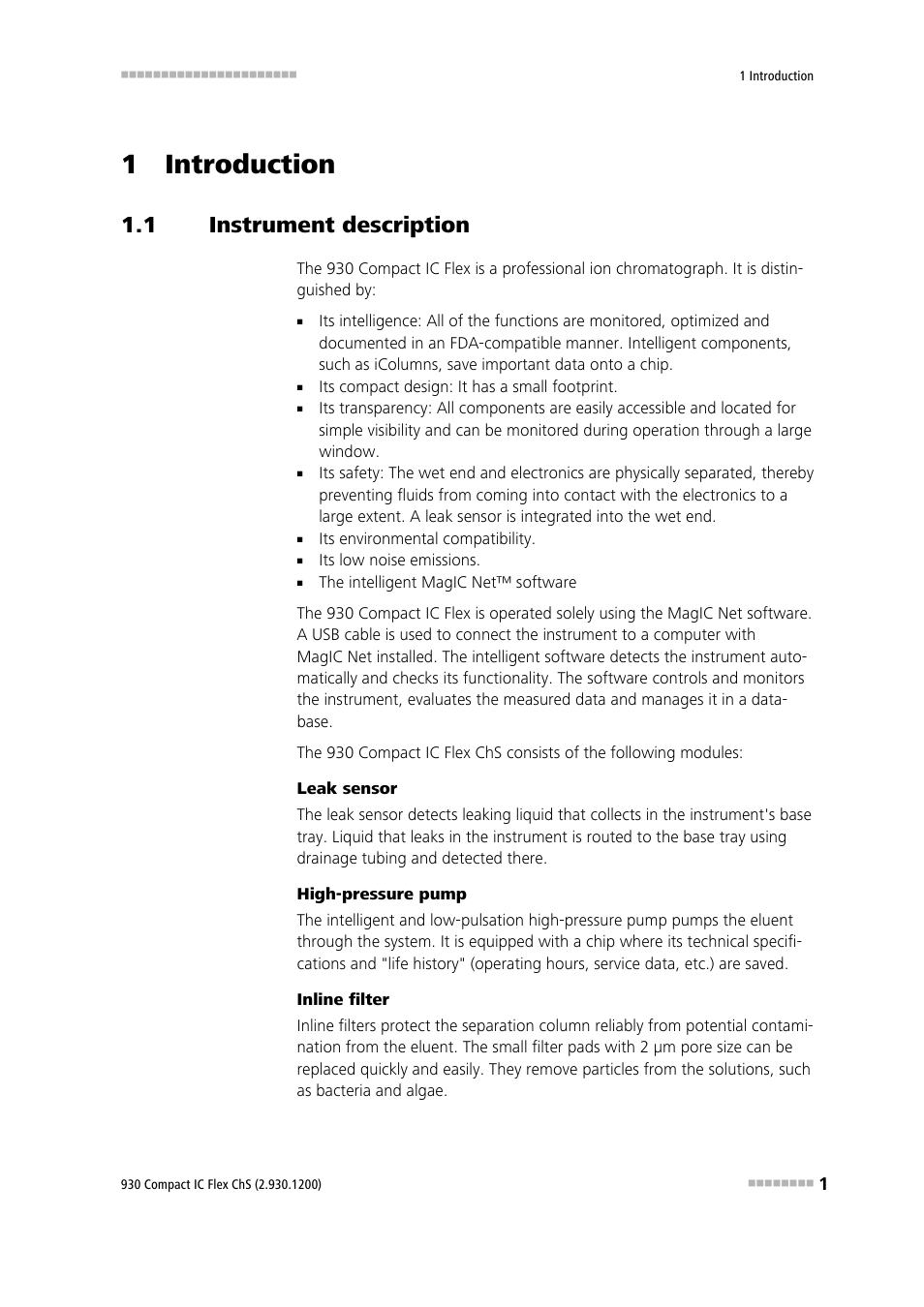 1 introduction, 1 instrument description, Instrument description | Metrohm 930 Compact IC Flex ChS User Manual | Page 9 / 103