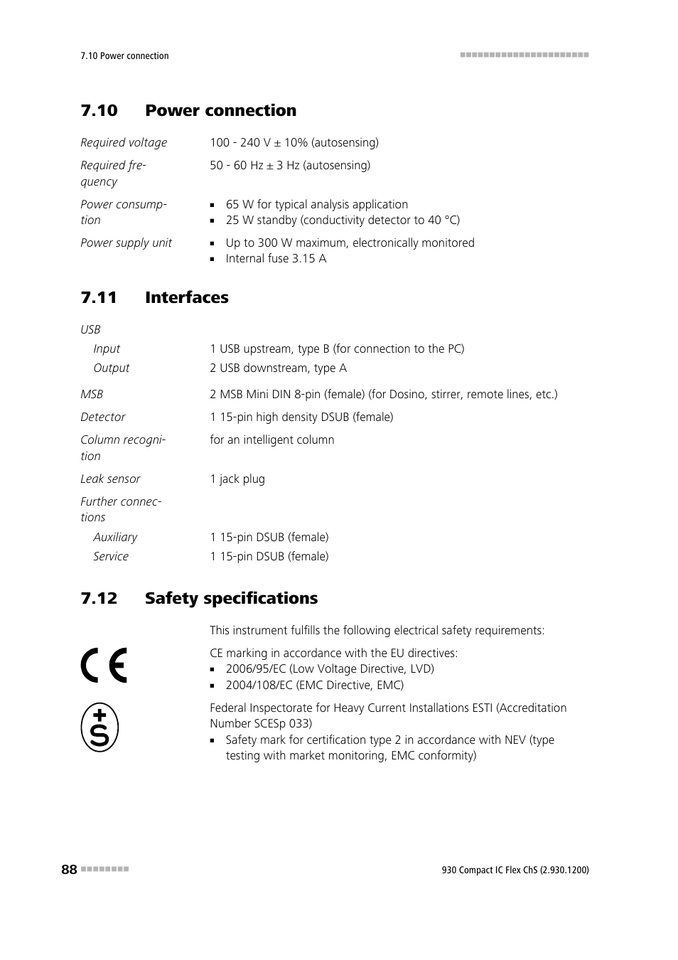 10 power connection, 11 interfaces, 12 safety specifications | Metrohm 930 Compact IC Flex ChS User Manual | Page 96 / 103