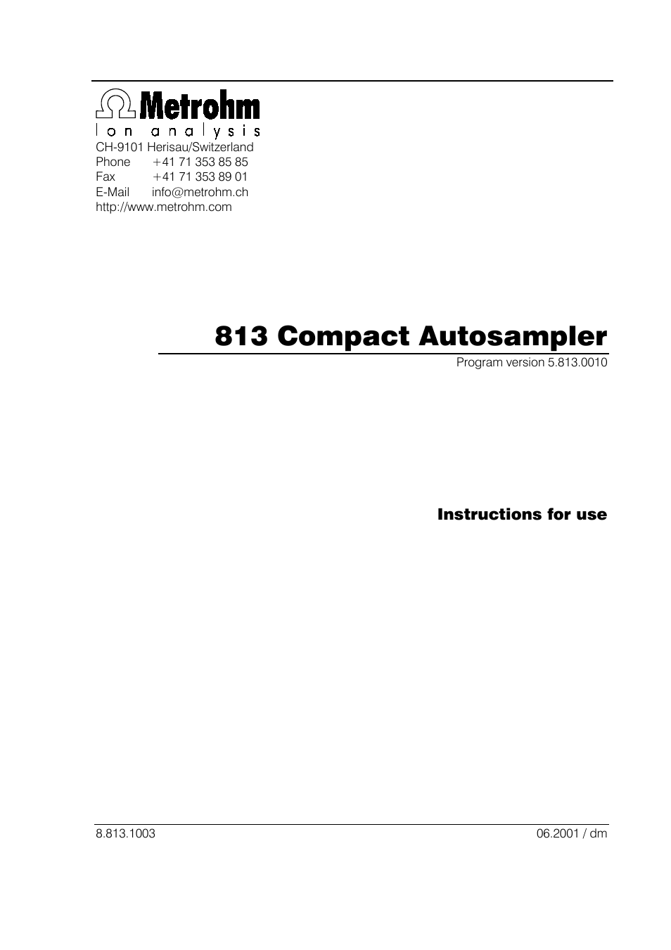 Metrohm 813 Compact Autosampler User Manual | 55 pages