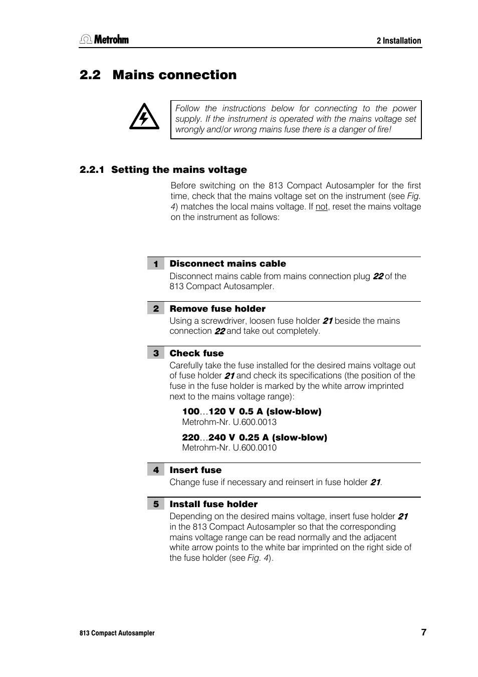 2 mains connection, 1 setting the mains voltage | Metrohm 813 Compact Autosampler User Manual | Page 13 / 55