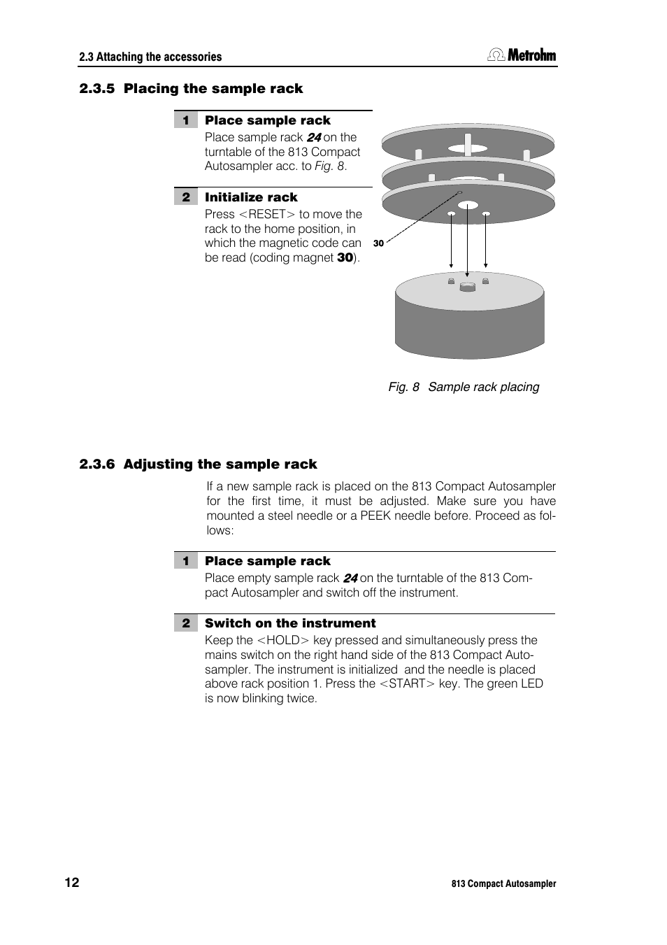5 placing the sample rack, 6 adjusting the sample rack | Metrohm 813 Compact Autosampler User Manual | Page 18 / 55