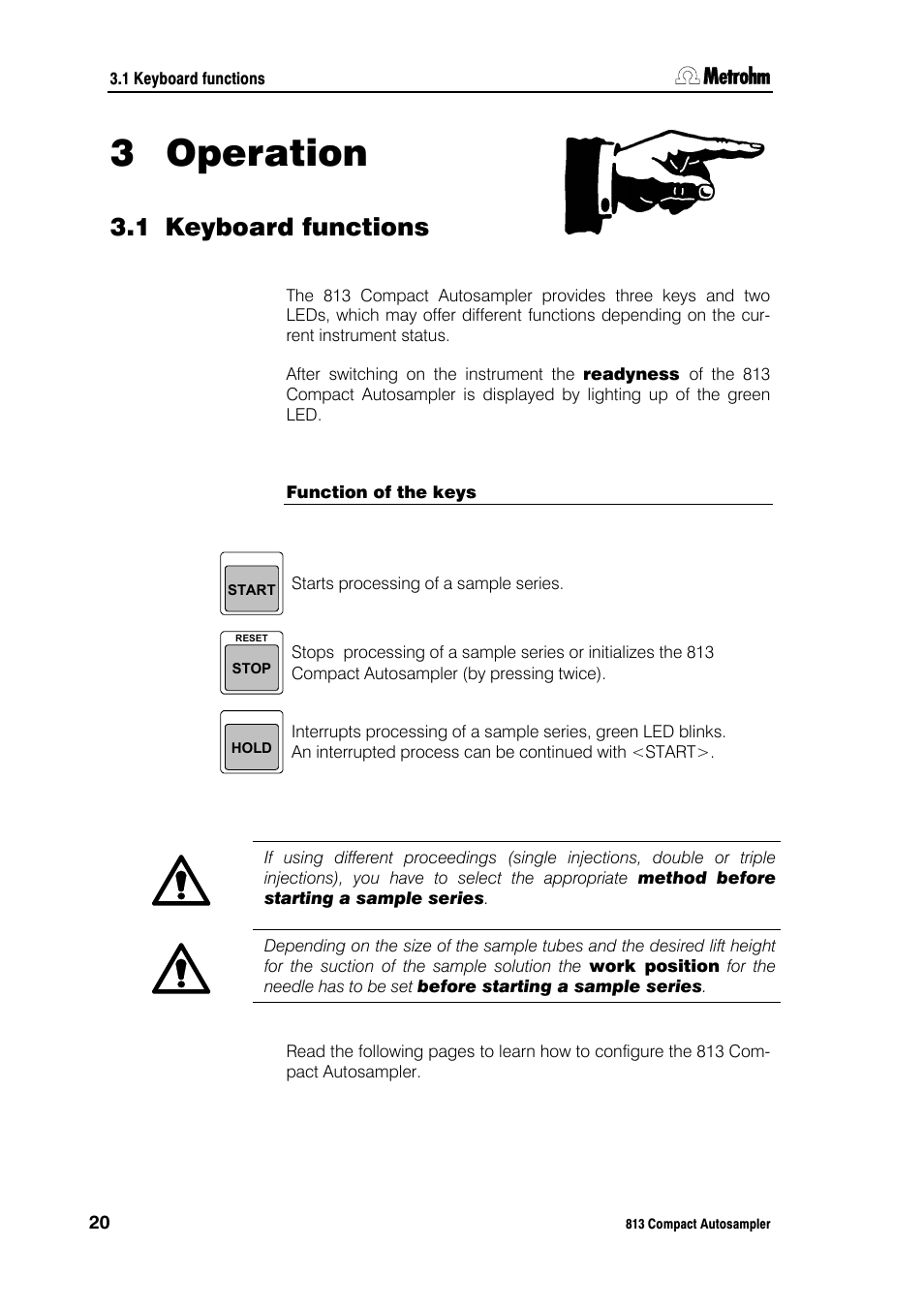 3 operation, 1 keyboard functions | Metrohm 813 Compact Autosampler User Manual | Page 26 / 55