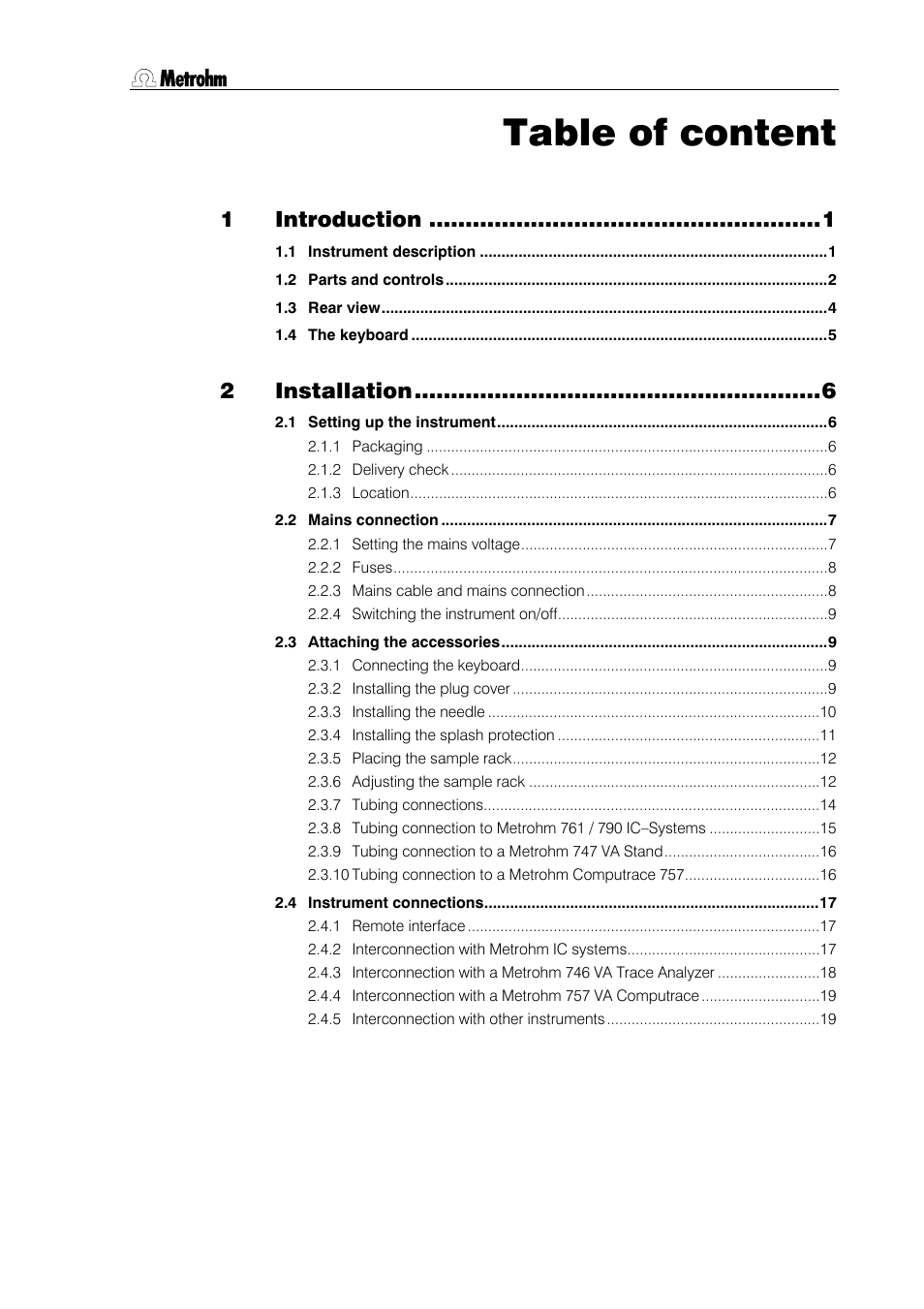 Table of content, Introduction, Installation | Metrohm 813 Compact Autosampler User Manual | Page 3 / 55