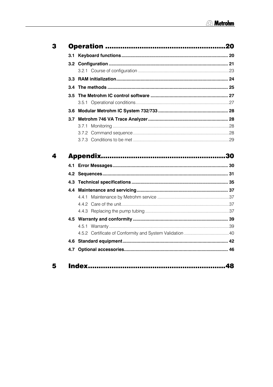 Operation, Appendix, Index | Metrohm 813 Compact Autosampler User Manual | Page 4 / 55