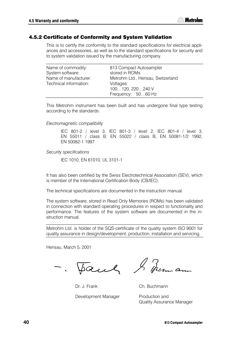 2 certificate of conformity and system validation | Metrohm 813 Compact Autosampler User Manual | Page 46 / 55