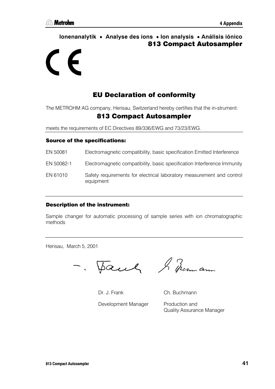 813 compact autosampler, Eu declaration of conformity | Metrohm 813 Compact Autosampler User Manual | Page 47 / 55