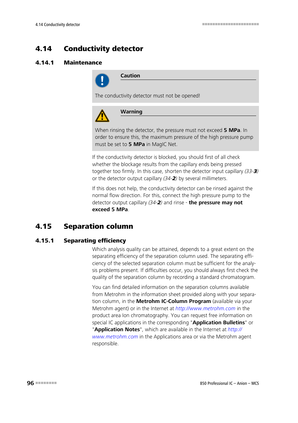 14 conductivity detector, 1 maintenance, 15 separation column | 1 separating efficiency, Maintenance, Separating efficiency | Metrohm 850 Professional IC Anion MCS User Manual | Page 106 / 142