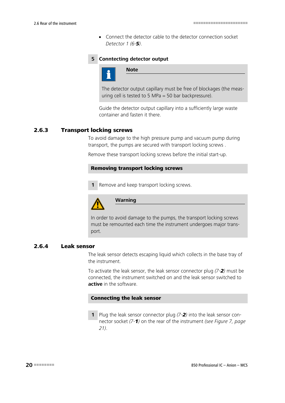 3 transport locking screws, 4 leak sensor, Transport locking screws | Leak sensor | Metrohm 850 Professional IC Anion MCS User Manual | Page 30 / 142