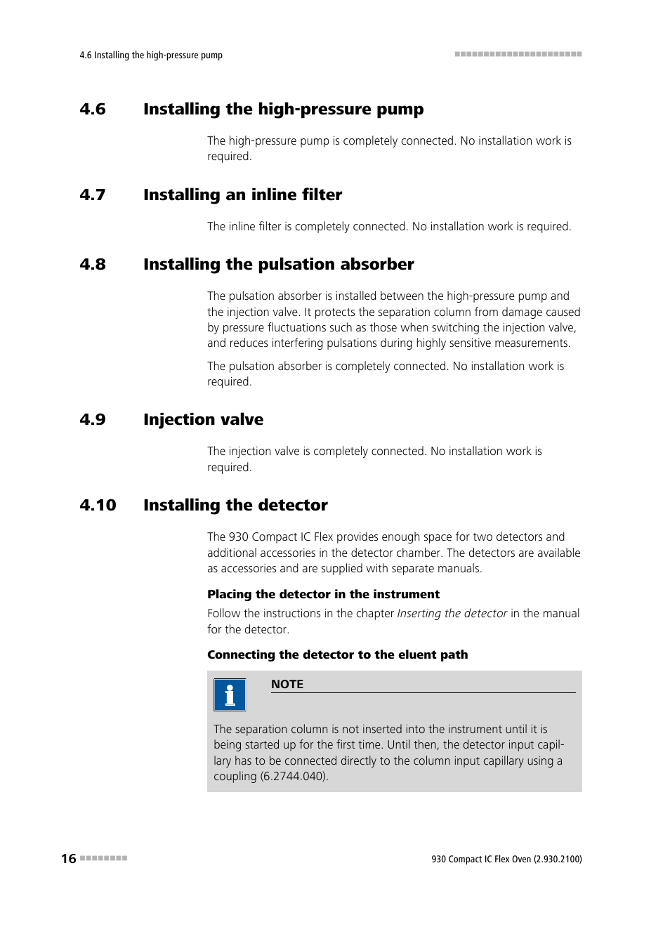 6 installing the high-pressure pump, 7 installing an inline filter, 8 installing the pulsation absorber | 9 injection valve, 10 installing the detector, Installing the high-pressure pump, Installing an inline filter, Installing the pulsation absorber, Injection valve | Metrohm 930 Compact IC Flex Oven User Manual | Page 24 / 39