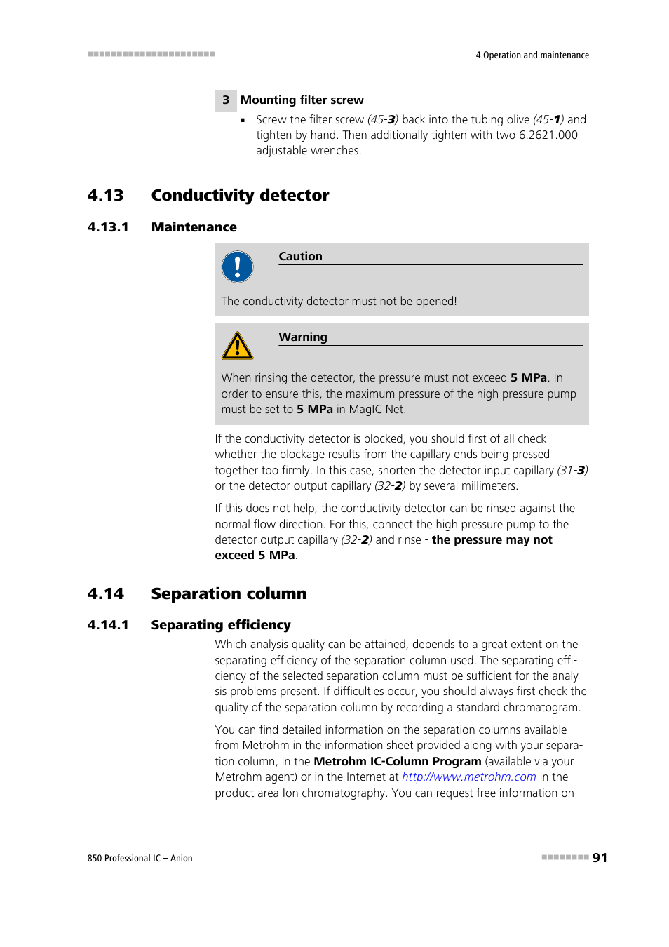 13 conductivity detector, 1 maintenance, 14 separation column | 1 separating efficiency, Maintenance, Separating efficiency | Metrohm 850 Professional IC Anion User Manual | Page 101 / 135