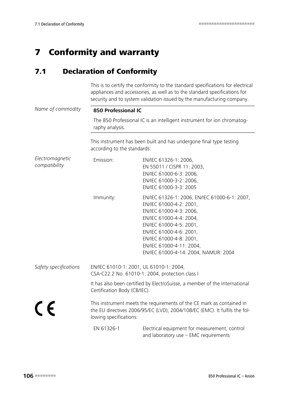 7 conformity and warranty, 1 declaration of conformity, Declaration of conformity | Metrohm 850 Professional IC Anion User Manual | Page 116 / 135