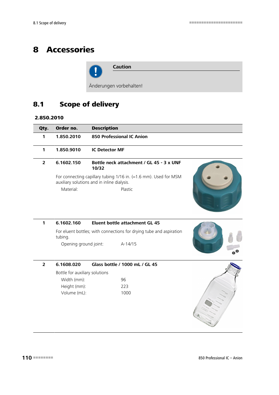 8 accessories, 1 scope of delivery, Scope of delivery | Metrohm 850 Professional IC Anion User Manual | Page 120 / 135