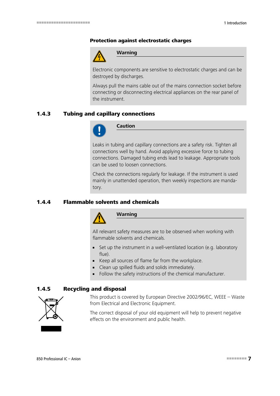 3 tubing and capillary connections, 4 flammable solvents and chemicals, 5 recycling and disposal | Tubing and capillary connections, Flammable solvents and chemicals, Recycling and disposal | Metrohm 850 Professional IC Anion User Manual | Page 17 / 135