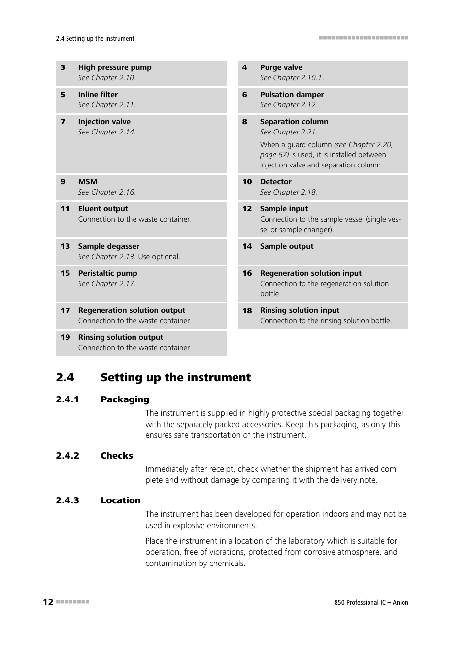 4 setting up the instrument, 1 packaging, 2 checks | 3 location, Setting up the instrument, Packaging, Checks, Location | Metrohm 850 Professional IC Anion User Manual | Page 22 / 135