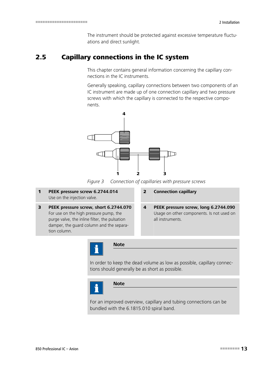 5 capillary connections in the ic system, Capillary connections in the ic system, Figure 3 | Connection of capillaries with pressure screws | Metrohm 850 Professional IC Anion User Manual | Page 23 / 135