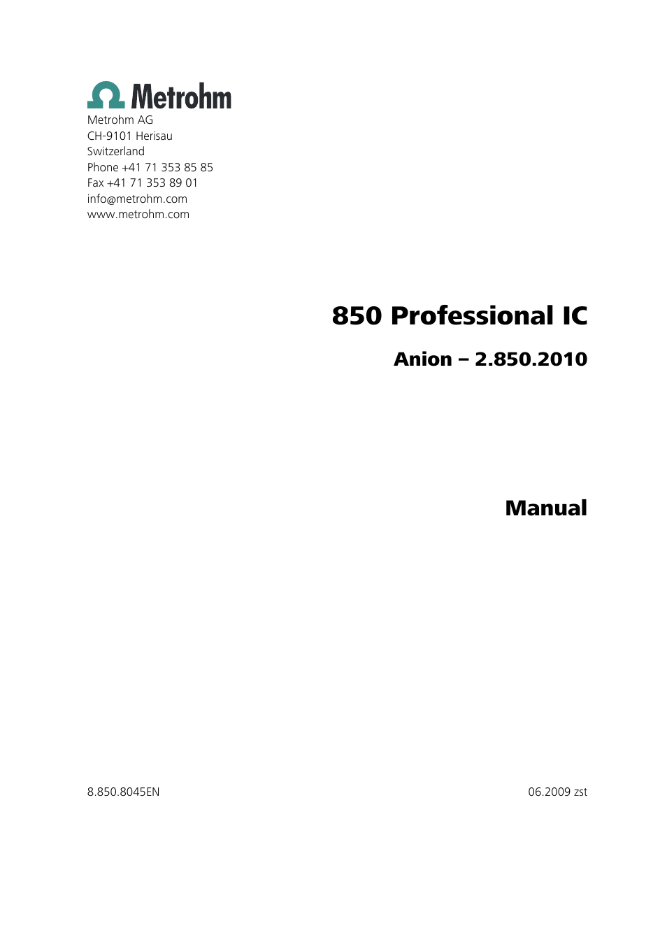 850 professional ic, Manual | Metrohm 850 Professional IC Anion User Manual | Page 3 / 135