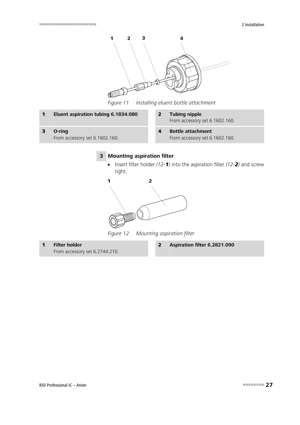 Figure 11, Installing eluent bottle attachment, Figure 12 | Mounting aspiration filter, Tubing (11-1), Ration tubing (11-1) | Metrohm 850 Professional IC Anion User Manual | Page 37 / 135