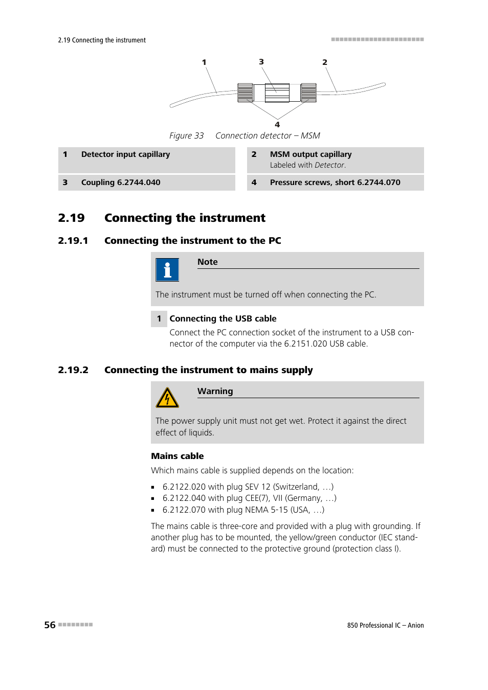 19 connecting the instrument, 1 connecting the instrument to the pc, 2 connecting the instrument to mains supply | Connecting the instrument to the pc, Connecting the instrument to mains supply, Figure 33, Connection detector – msm | Metrohm 850 Professional IC Anion User Manual | Page 66 / 135