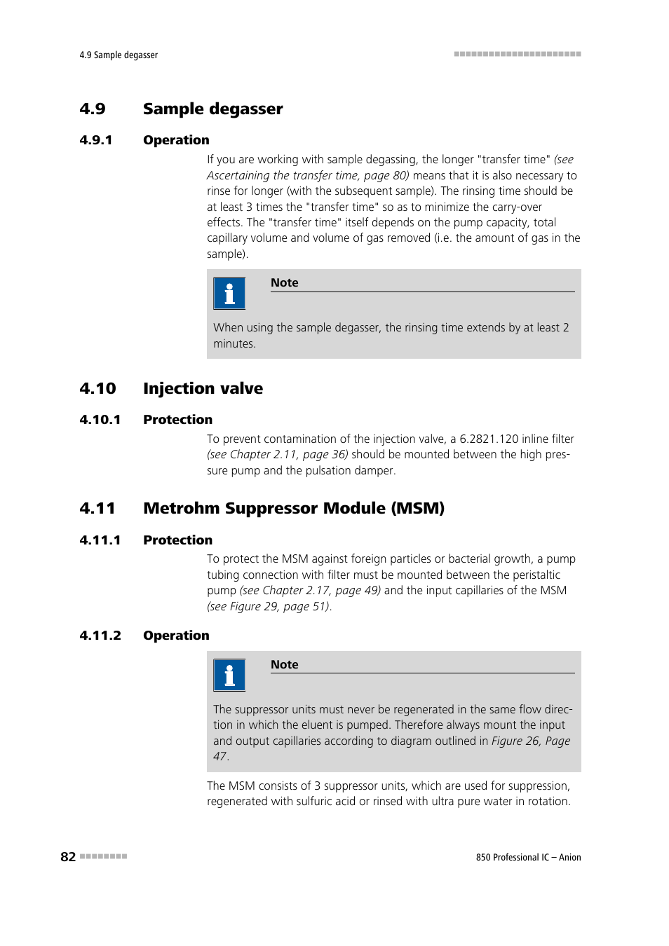 9 sample degasser, 1 operation, 10 injection valve | 1 protection, 11 metrohm suppressor module (msm), 2 operation, Sample degasser, Operation, Protection | Metrohm 850 Professional IC Anion User Manual | Page 92 / 135